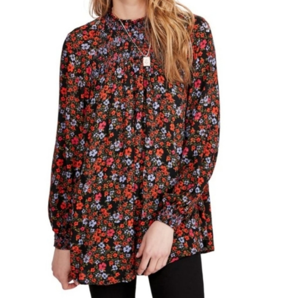 New Free People Flowers In Her Hair Smock Detail Boho Relaxed Fit Tunic Top